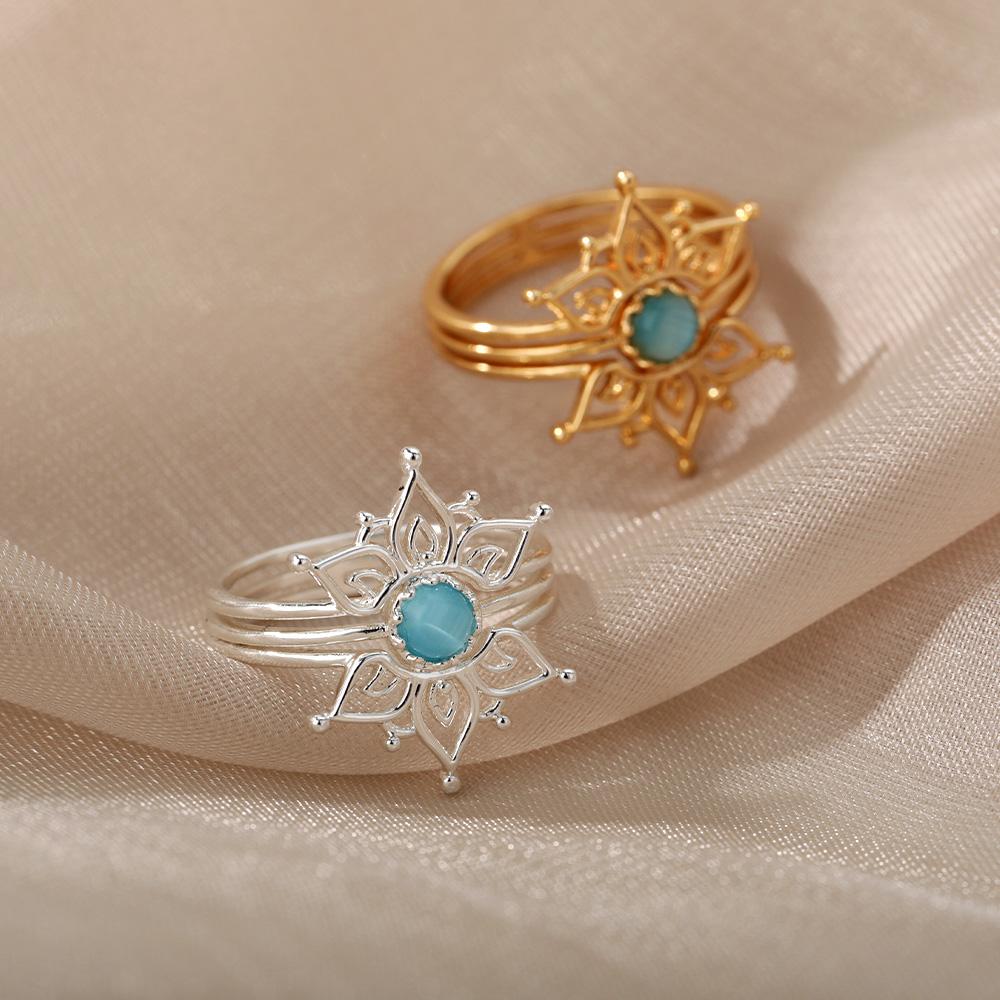 Vintage Opal Sun Rings For Women Gold Color Stainless Steel Sun Ring Wedding Party Jewelry Gift Accessories Best Friend