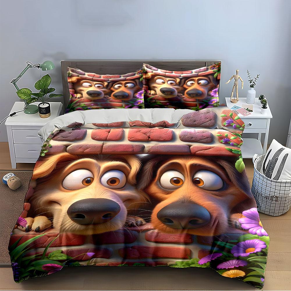 Whimsical Dogs Peeking Design Bedding Duvet Cover Set  (1*Duvet Cover 2*Pillowcases, without duvet insert)