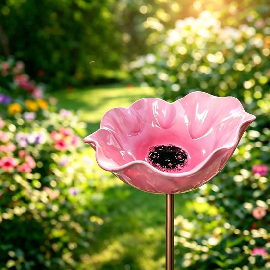 Metal Flower Garden Stake Pollinator Friendly Water Feeder Outdoor Bird Bath with Stake Bee Watering Station for Garden Lawn Yard Decor