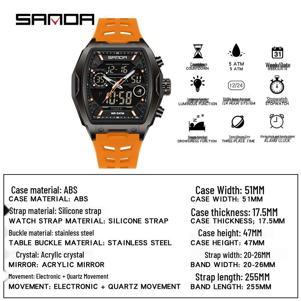 Sanda Dual-Movement Barrel Watch: Luminous Alarm, Large Dial, Multifunctional Student Watch.