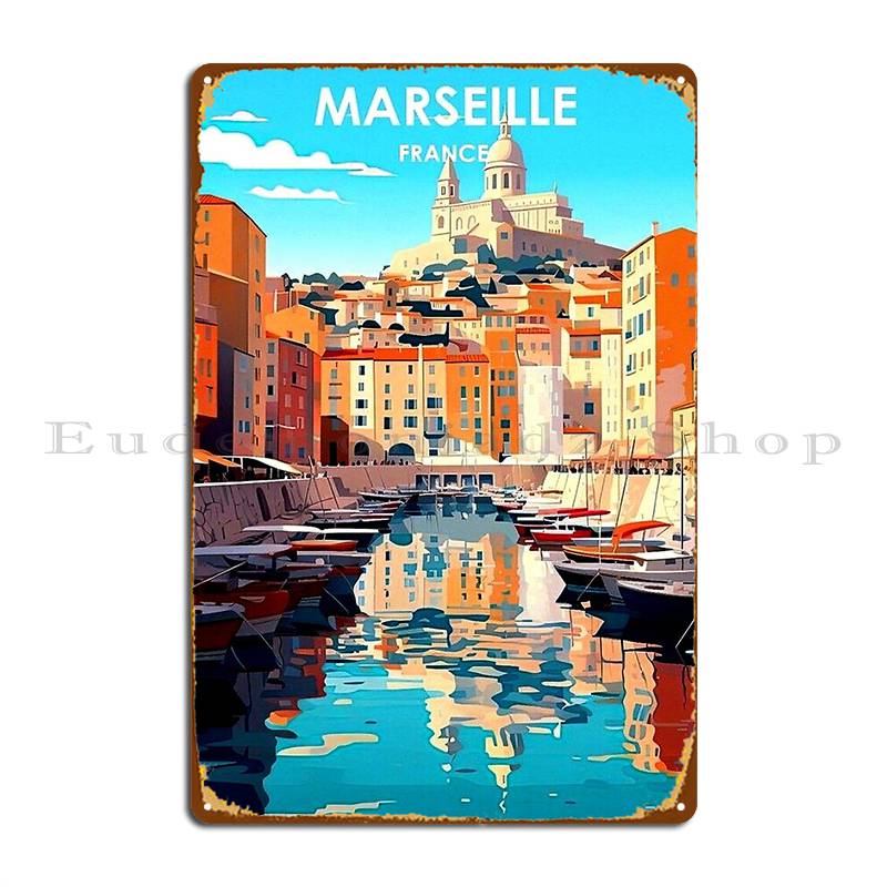 

Marseille France Vintage Travel And Tourism Village Advertising Print Metal Sign Club Garage Designer Wall Cave Tin Sign Poster 20x30cm（7.8x11.8inch）