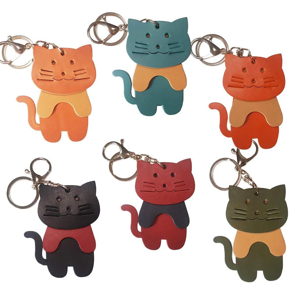 [byDream] 3-Section Cat Keychain, Genuine Leather, Perfect for Cat Lovers, Bag Charm, 8cm Large Cat, Cowhide Leather, Gift for Gifting (Black)