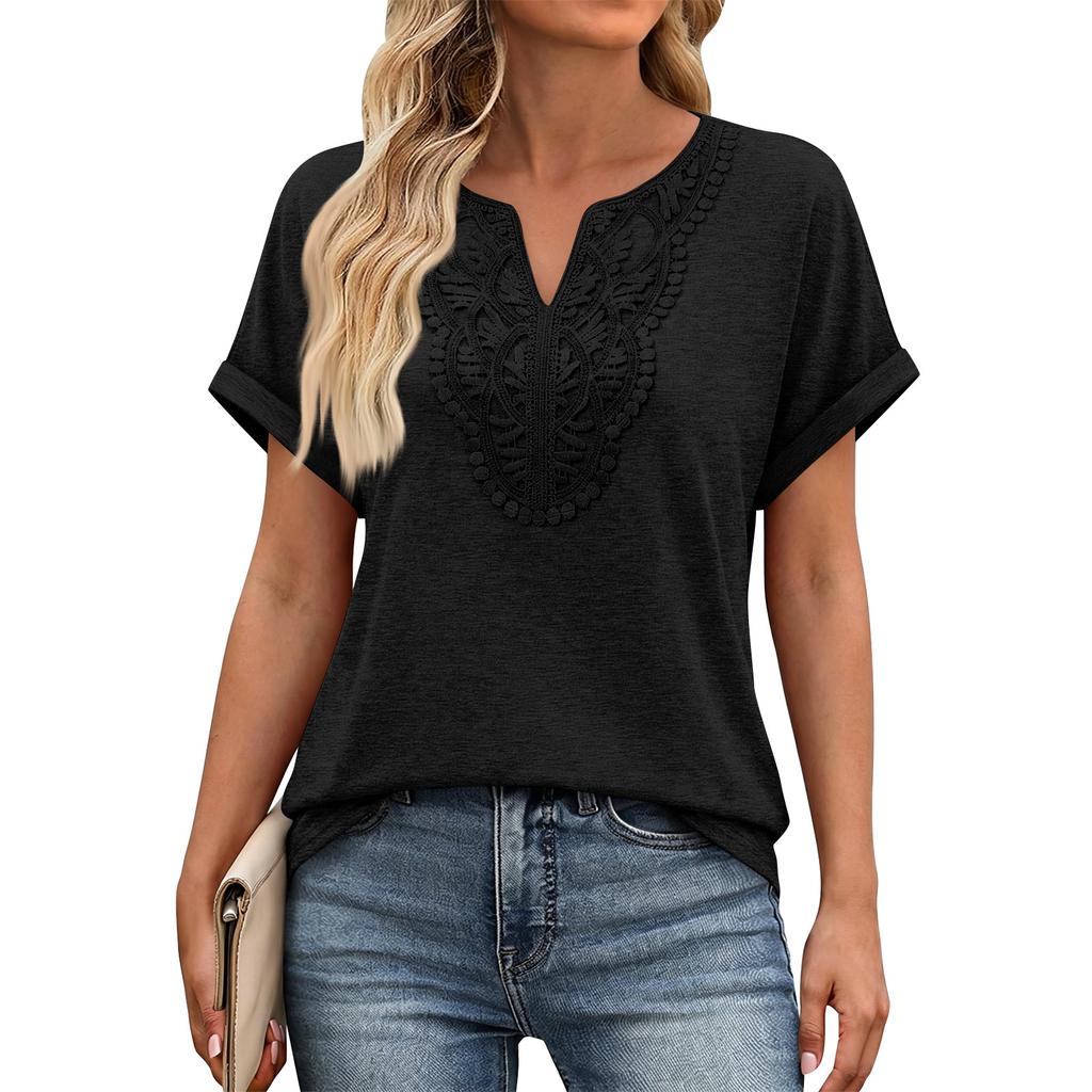 Women V Neck Short Sleeve Top with Embroidered Front Casual Loose Fit Bohemian Style Lightweight Summer Shirt Blouse