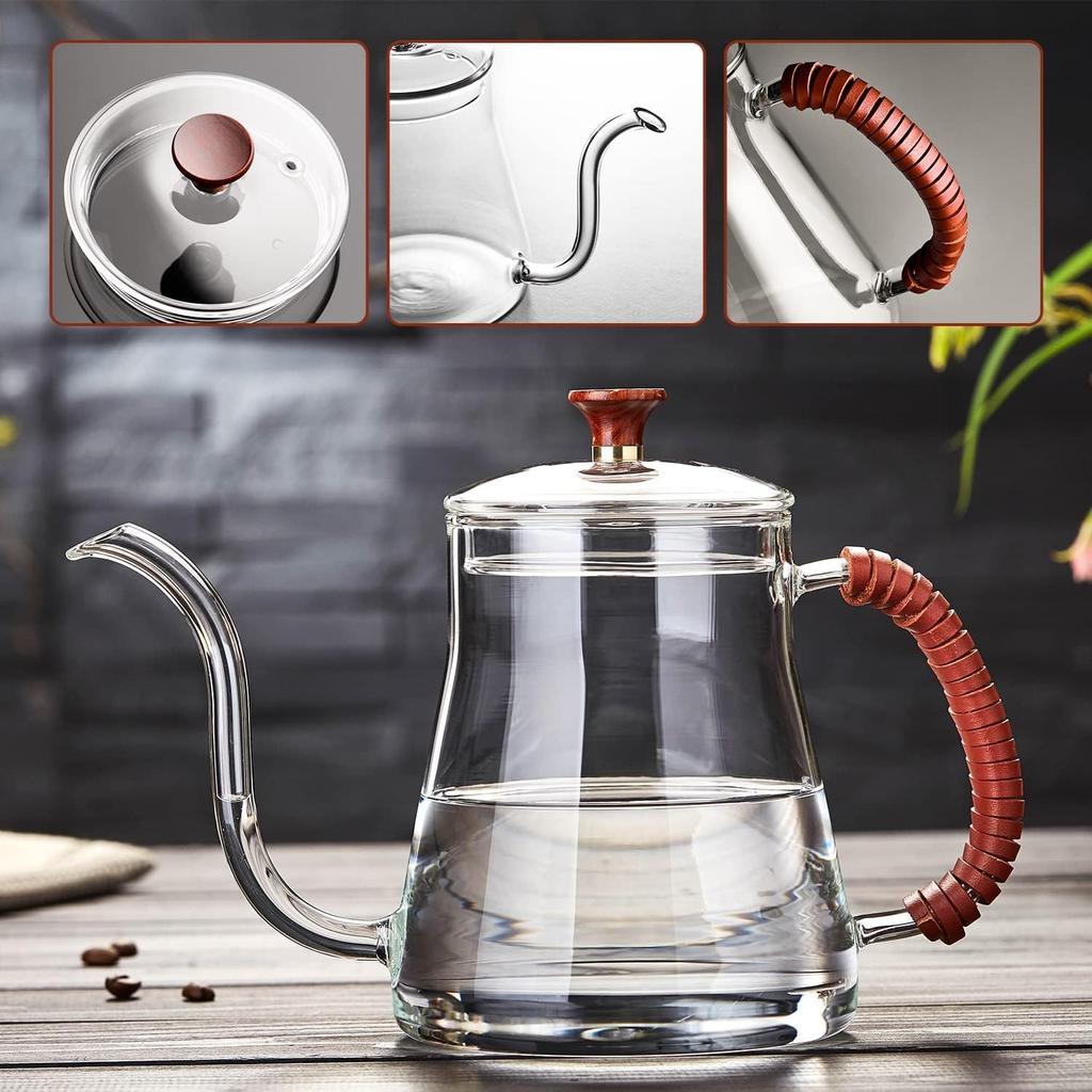 Pokaro Tee-Tropfkanne, Kaffeekessel, Kessel mit schmaler Ausgusstülle, Hitzebeständiges Glas, 680ml, Schwanenhalskanne mit schmaler Ausgusstülle, Kaffeekanne, Herdplattengeeignet,