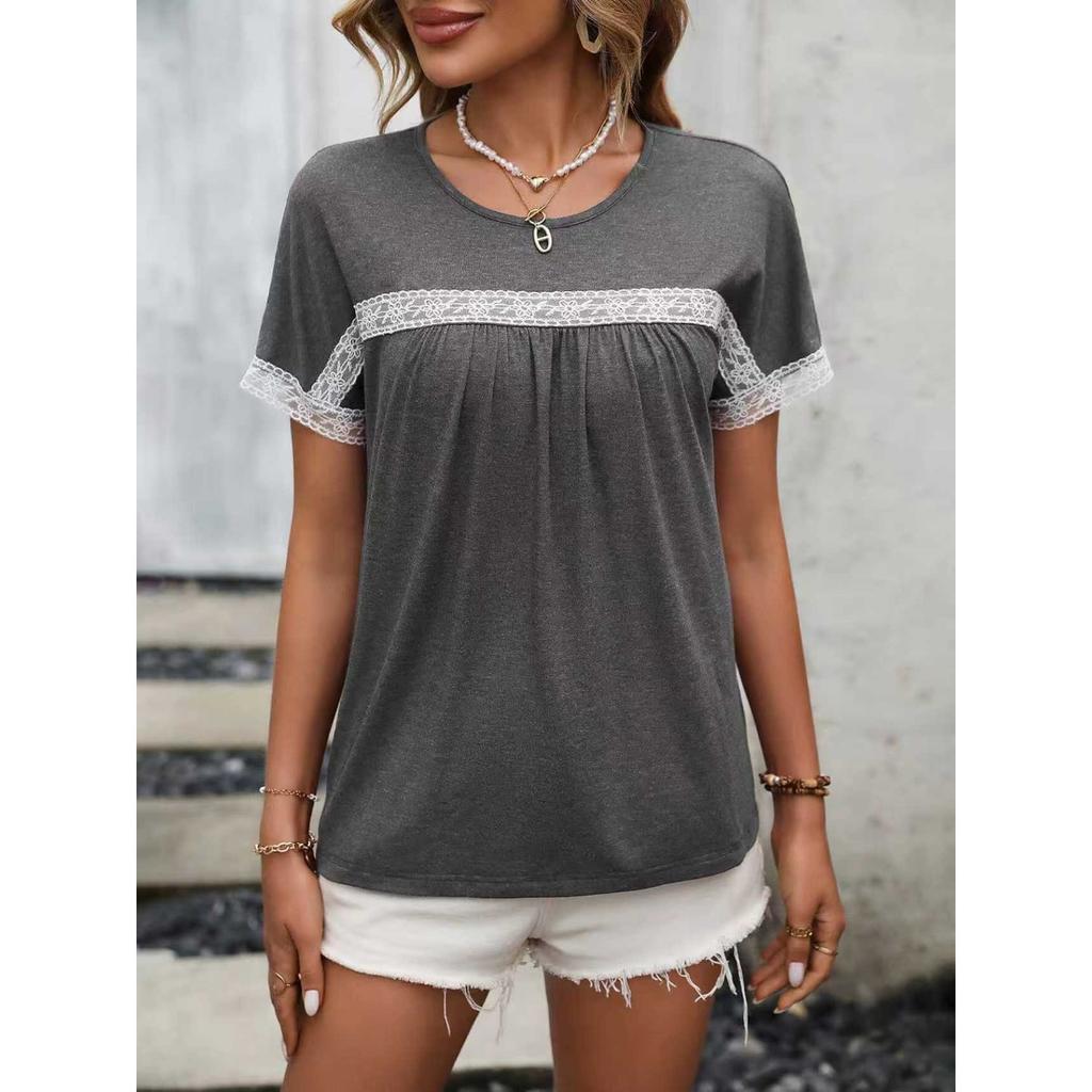 New Spring Summer Women's Crew Neck Short Sleeve T-Shirt Lace Patchwork Casual Top for Women Crossborder European American Style