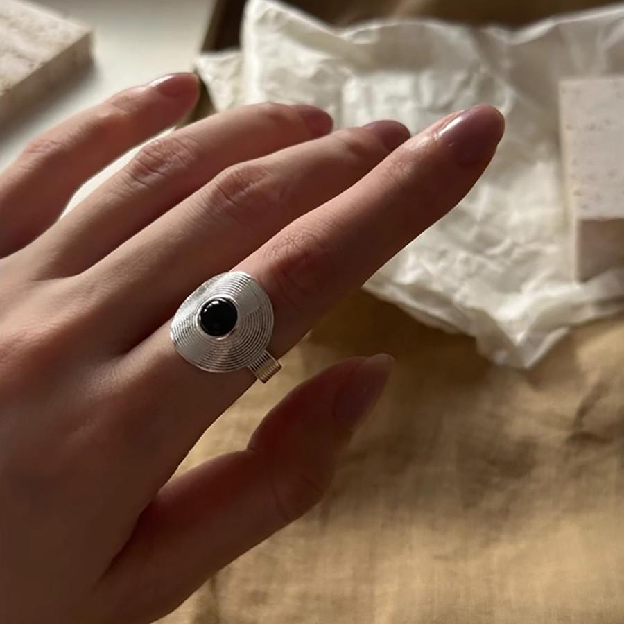 Womens Adjustable Elegant Black Agate Ring With Geometric Design In Style Minimalist