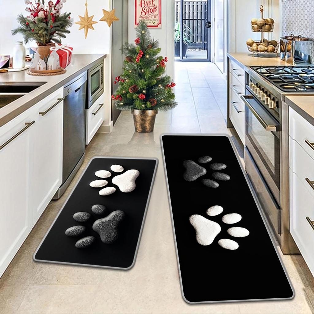 Cat Paw Print Kitchen Long Carpet Restaurant Flannel Floor Mat and Door Mat Cute Paw Print Porch Entrance Anti Slip Rug