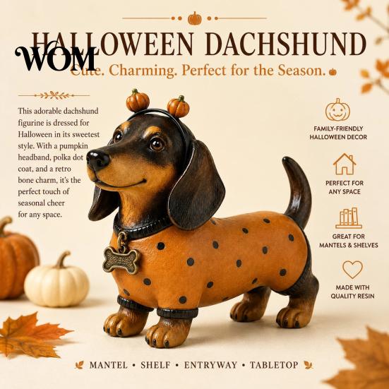 Whimsical Autumn Room Accessories Fall Harvest Dachshund Figurine, Halloween Statue with Pumpkin Headband Polka Small Ornament for Fireplace