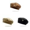 Love Metal Embellished Beret Solid Color Winter Octagonal Hat Outdoor Activities