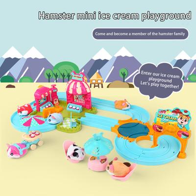 Mini Spielset Plüschhamster Mini Eisdiele Spielplatz Langes Spielset Verstecktes Gameplay für Spielzeugautos Spielhaus