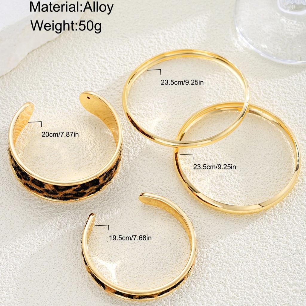 17KM 4 Piece Leopard Print Free Smooth Surface Bangle Fashion Jewelry Set Women Trendy Shiny Daily Party Accessory Decorative Gift