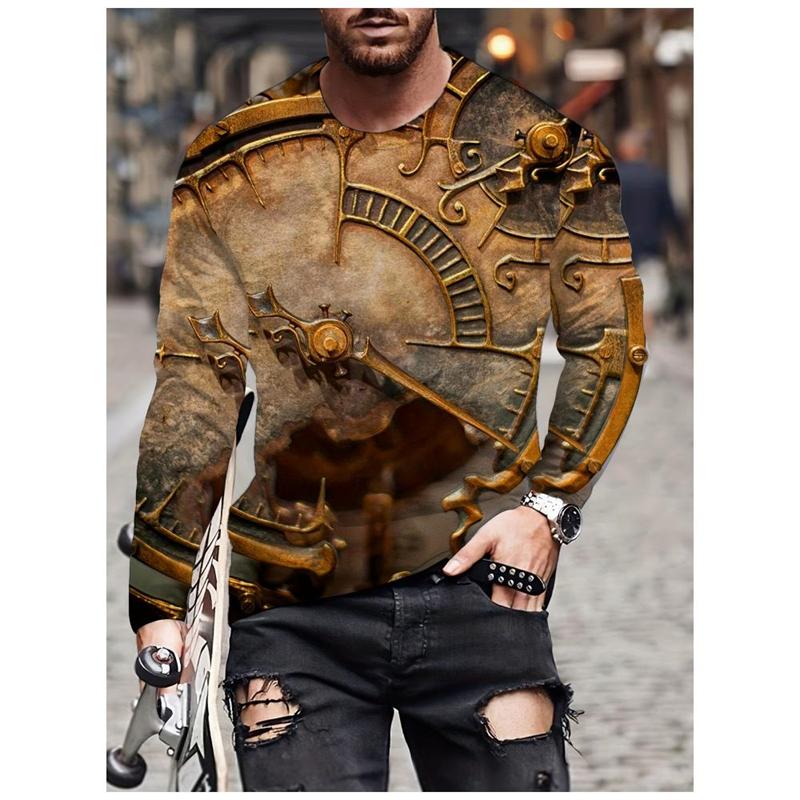 Vintage Compass Graphic Men's T-shirts Fashion Spring Autumn Long Sleeve Round 3D Printed Loose Streetwear Tops