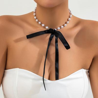 Sweet Diy Lace-Up Ribbon Pearl Necklace Female, Vintage Long Bow Collarbone Chain