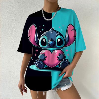Kawaii dámské tričko Disney Lilo&Stitch ležérní Y2k tričko s kulatým výstřihem krátký rukáv tričko 2025 léto dámské oblečení