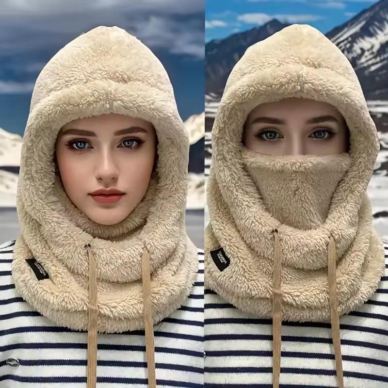 Winter Plush Balaclava Hat for Women Ear Protection Adjustable Drawstring Thick Warm Integrated Outdoor Motorcycle Riding Hat
