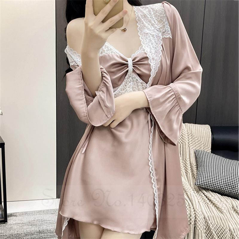 Female Patchwork Lace Twinset Robe Set Kimono Bathrobe Gown Sexy Sleepwear Nightgown Lingerie Silky Satin Home Dress Lounge Wear