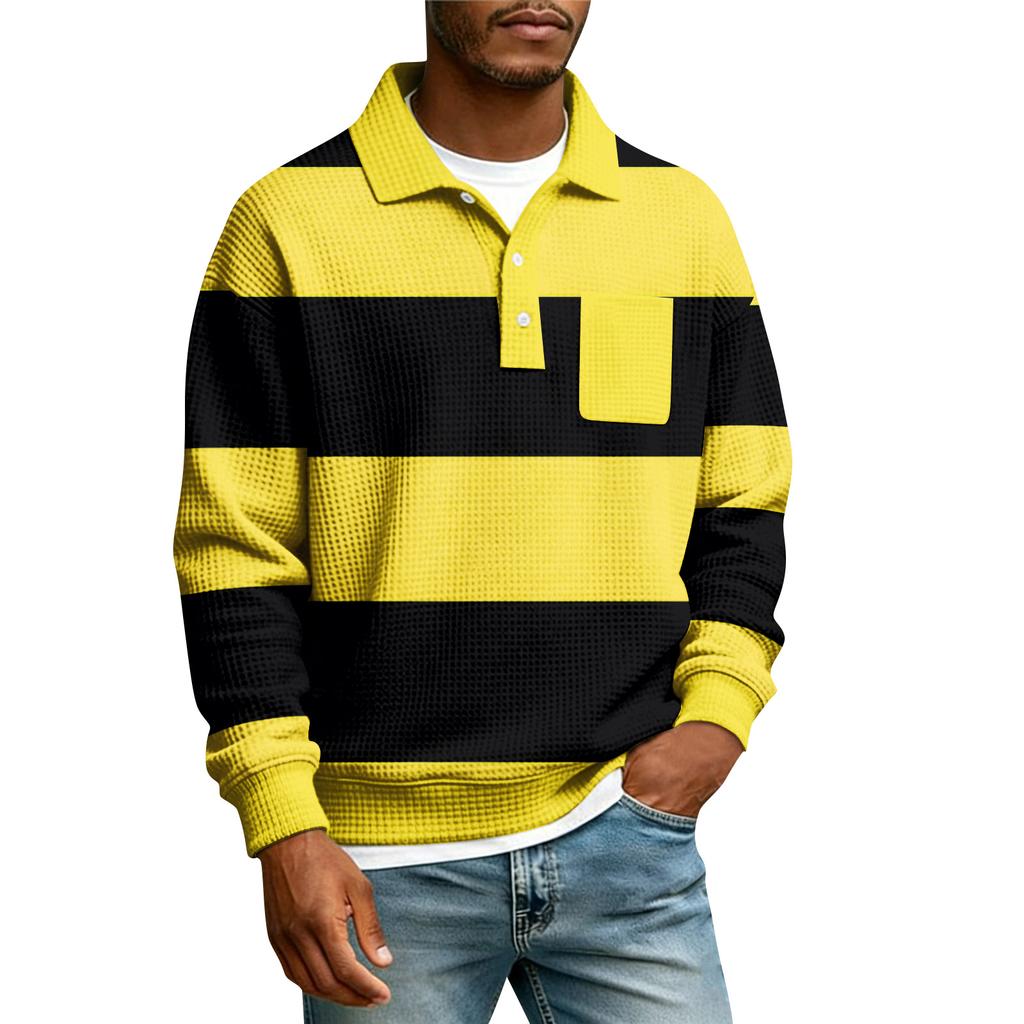 Herren Gestreiftes Einreihiges Langarmhemd Mit Kragen Und Taschen Lässiges Sport-T-Shirt