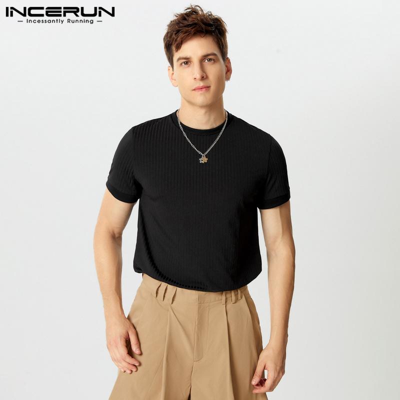

INCERUN Летние мужские футболки с коротким рукавом, трикотажные топы в рубчик