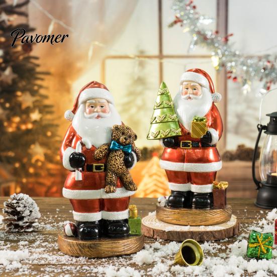Desktop Holiday Ornament Santa Claus Figurine, Christmas Resin Holding Wreath/Tree/Bear Statue, Decorative Gift for Family Tabletop Mantel,