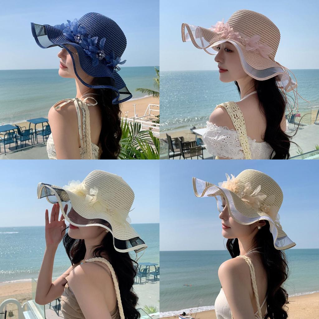 Summer Pearl Floral Straw Hat With Wide Brim For Outdoor Travel Sun Protection