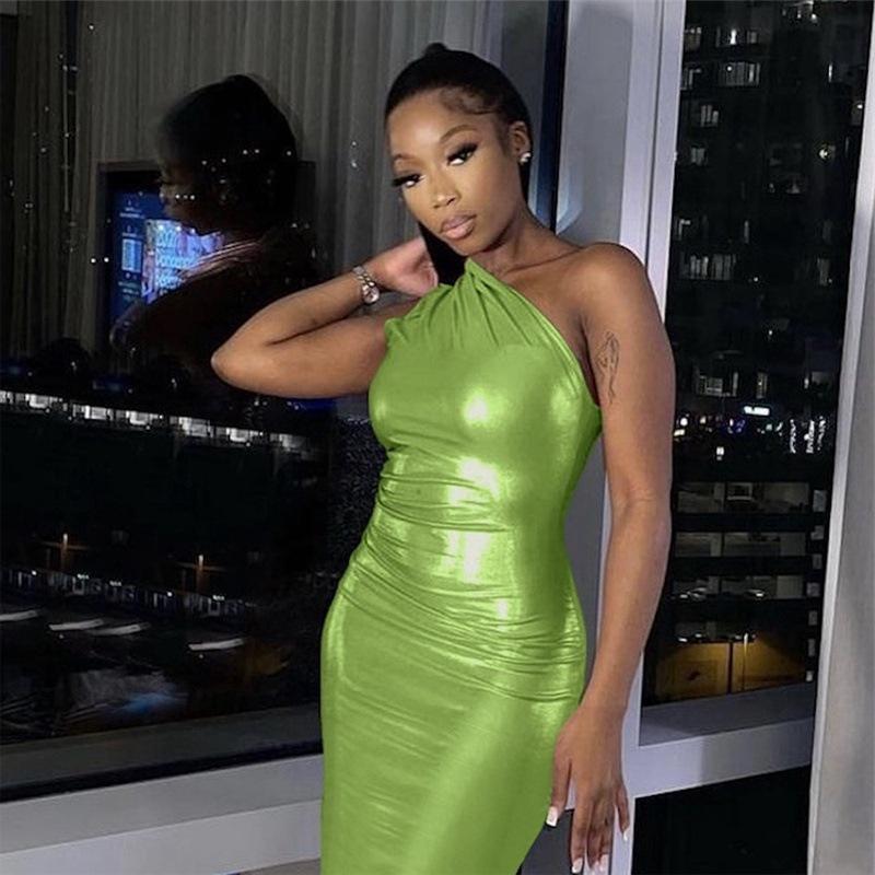 Women's Summer Sexy Slant Shoulder Waisted Hip Wrap Mid-Length Dresses