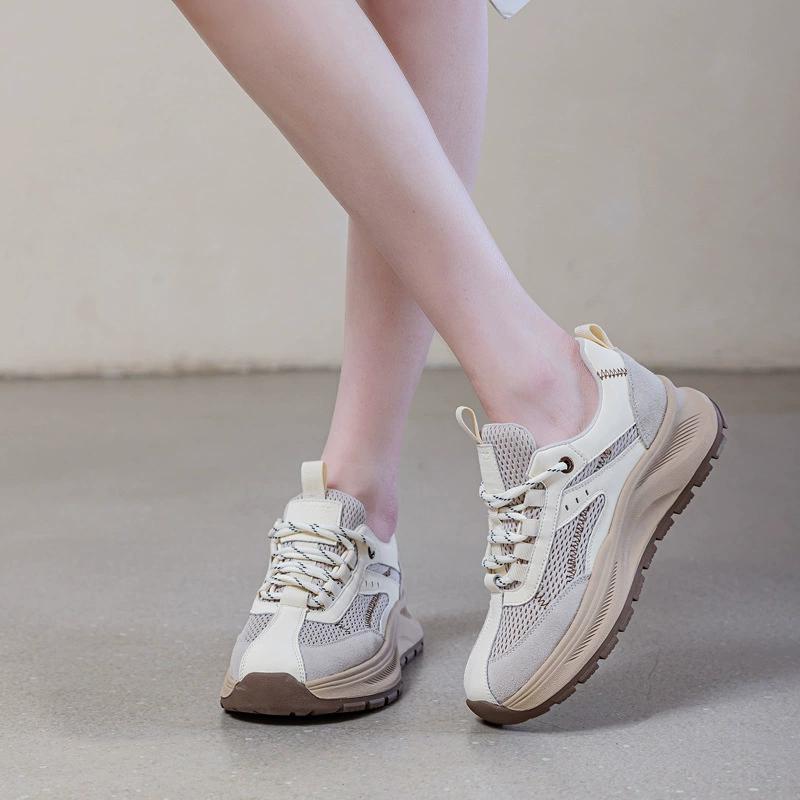 GKTINOO 2025 Spring Platform Sneakers Women Genuine Leather Mesh White Shoes Round Toe Lace-Up Thick Sole Flats Ladies Shoes