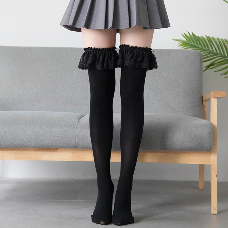 Sexy Solid Color Over The Knee Long Socks Women Thigh High Stockings Japanese Lolita Ruffles Lace Anime Cosplay Hosiery