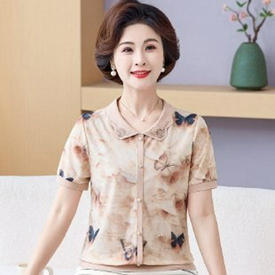 

Mom s Summer Ice Silk Knit Top: 2026 New Style for Middle-Aged & Elderly Women, Short Sleeve, Plus Size 3XL хакі