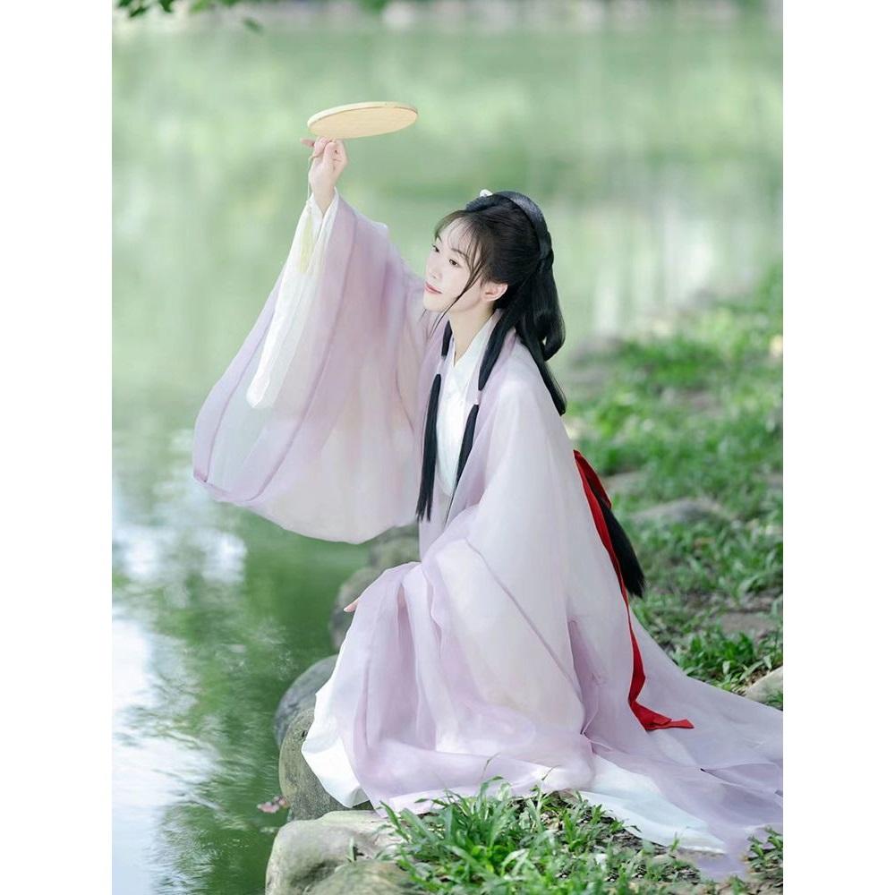 Lila Hanfu für Damen, Chinesischer Wei Jin Dynastie Stil Großärmeliges Hemd Kreuzkragen Set für Damen