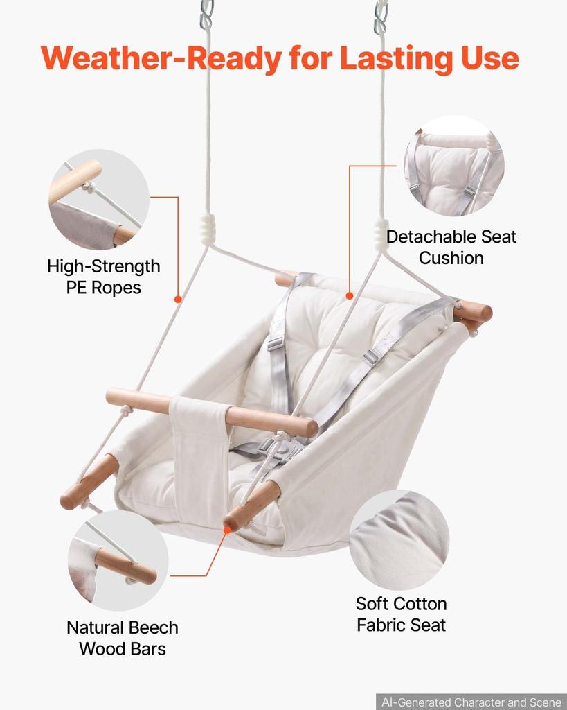 Baby Swing 30 kg Weight Capacity 3 Modes Canvas Hammock Swing White, for Indoor and Outdoor, 5-Point Harness and Tree Straps, Wooden Hanging Seat with