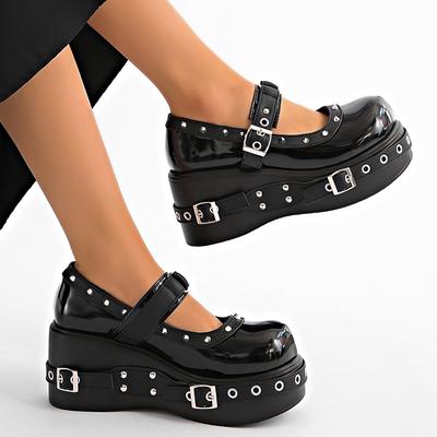 Punk Platform Mary Jane Shoe for Women Black Patent Leather Wedge Heel Loafers Woman Thick Sole Rivet Buckle Gothic Lolita Shoes