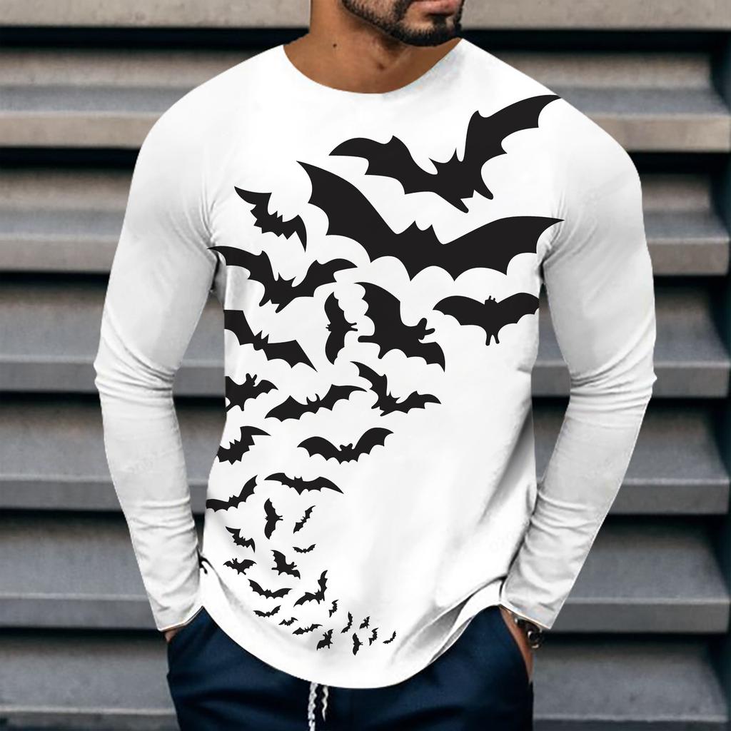Spring and Autumn Round Neck 3D Bat Printed Top Fashionable Casual Long Sleeved Men's T-shirts
