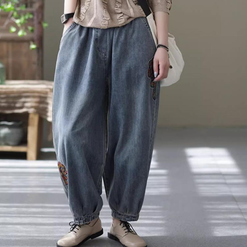 

Summer Autumn Casual Denim Pant Women Jeans Trousers Harem Pants Fashion Female Viantage Embroidery Loose Straight Pants 3XL синій