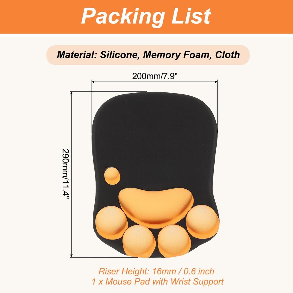 PATIKIL Gel Mouse Pad with Wrist Rest Ergonomic Mouse Pad Cat Paw Comfortable Memory Foam Base Soft for Computer Laptop Office Black Orange Non-Slip