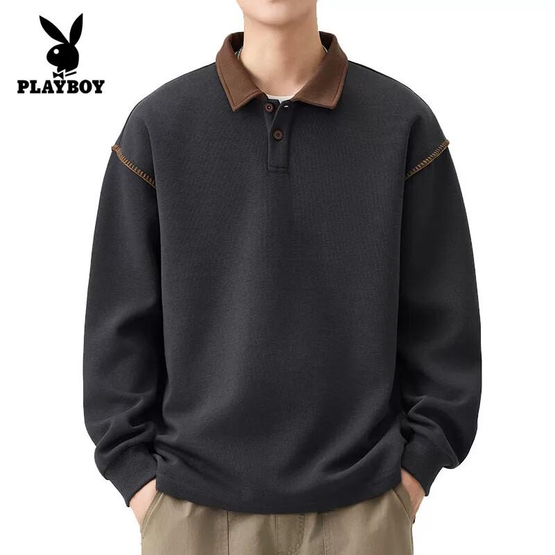 PLAYBOY Men's Long Sleeve Polo Neck Pullover Sweatshirt