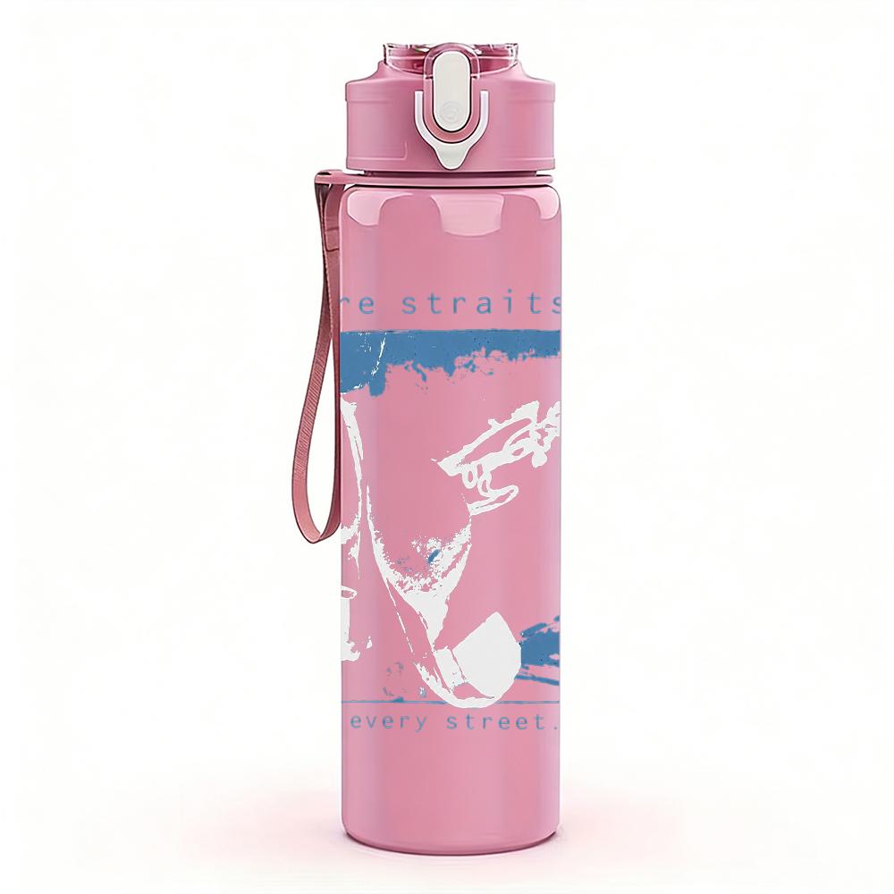 1PC Light blue rectangular band album print 750ml colorful plastic sports water bottle leakproof pop up lid with straw for outdoor work home use