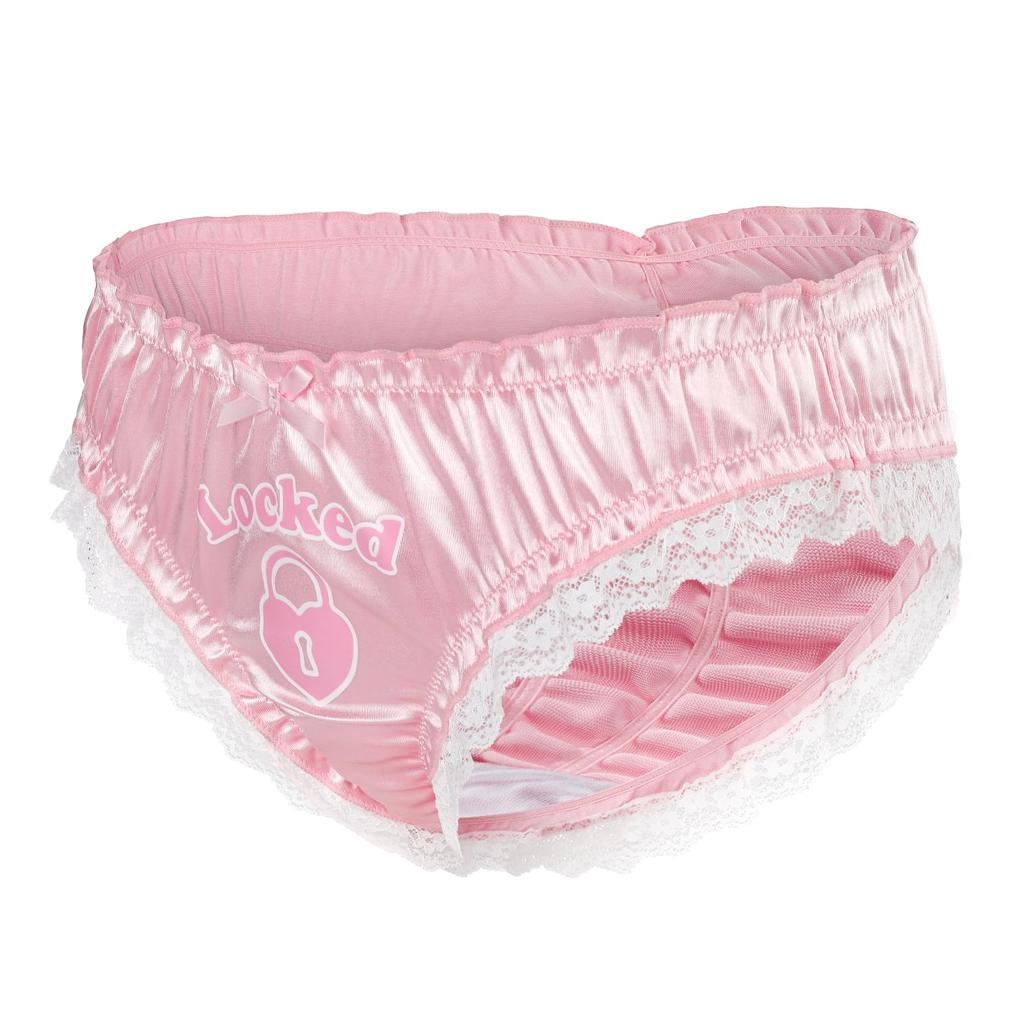LittleForBig Unisex Satin Lace Panties with Romantic Heart-Shaped Lock, Ruffle Elastic, Smooth, Shiny, and Stretchy, Pink, 4XL