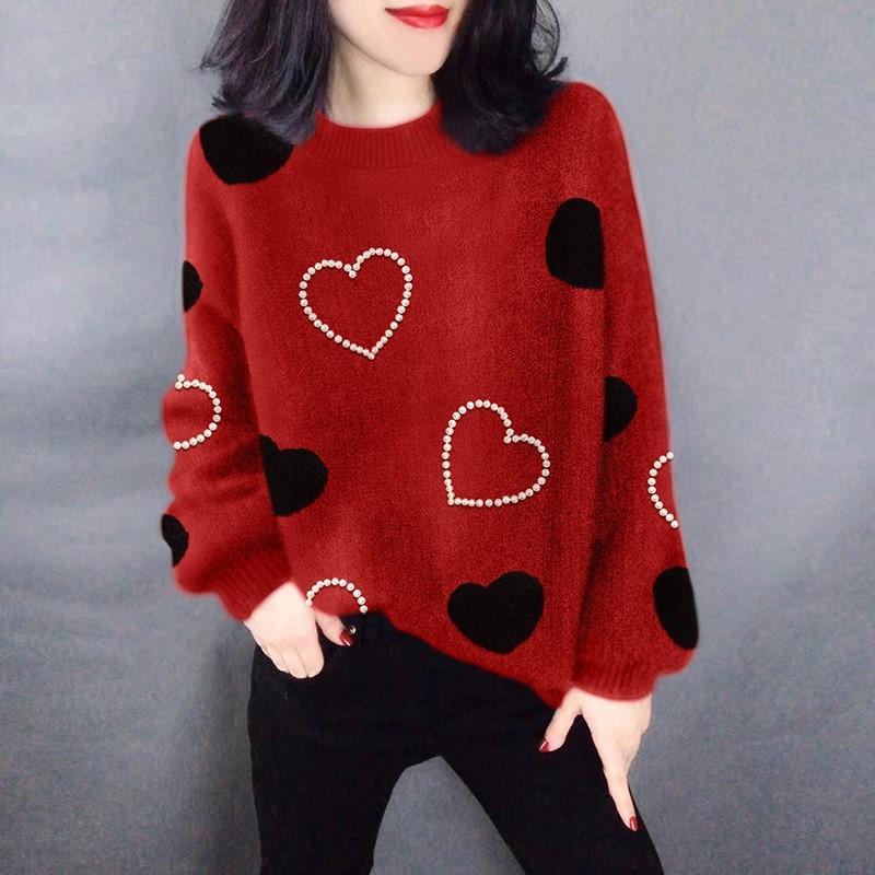New Love Printed Bead Knitted Sweater Women s 2026 Autumn and Winter Fashion Age Reduction Soft Waxy Comfortable Versatile Pullover Sweater S