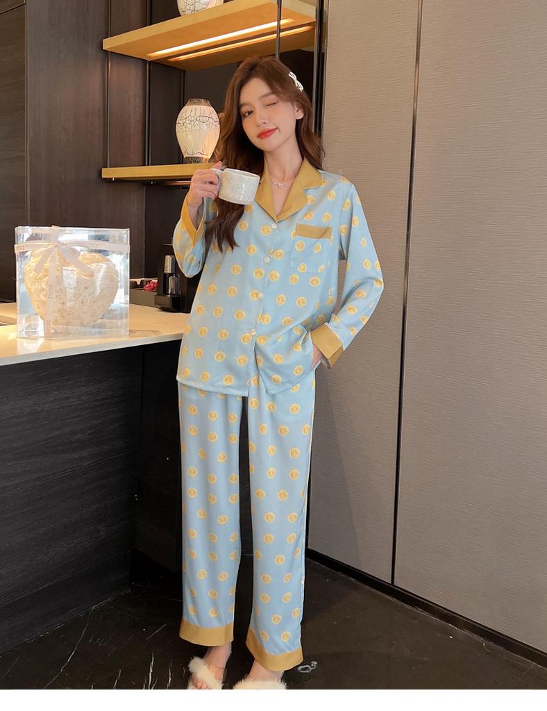 Pajamas Women's Spring Korean Edition Polka Dot Herringbone Pattern Simulation Silk Set Long Sleeve Pajamas Casual Ice Silk Loungewear Women's