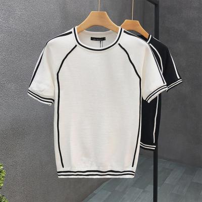 Suéter Tricotado Masculino da Moda de Verão com Bloco de Cores de Manga Curta