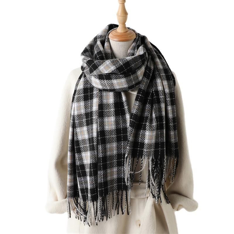 Simple Imitation Cashmere Warm Shawl Scarf Autumn And Winter Fashion High-End Plaid Elegant Rhyme Versatile Fringed Scarf