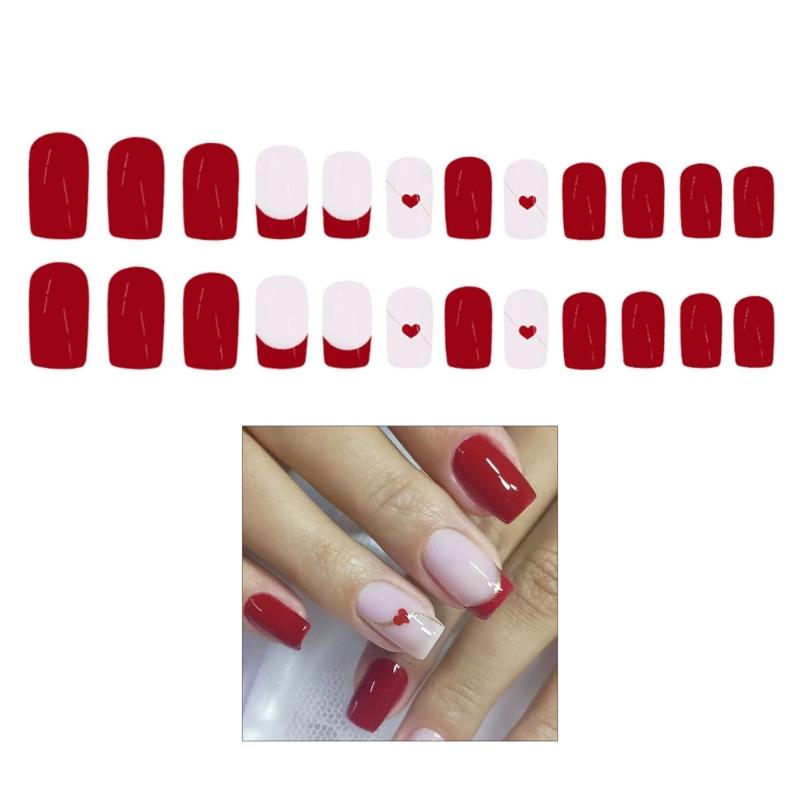 Valentine Press on Nail Square Fake Nail Glossy Design False Nail Full Cover Artificial Acrylic Nail 24pcs 12Sizes