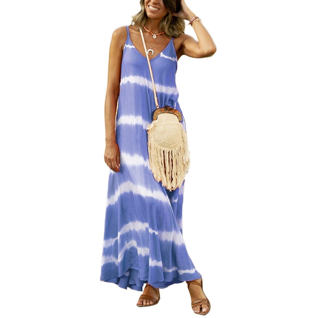 Summer European and American New Wish Large Size Printed Striped Suspender Loose Women's Dress