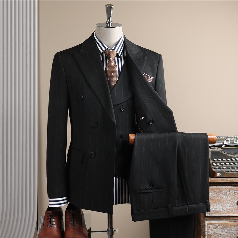 Men's High-End Pinstripe Wool Double-Breasted Three-Piece Suit: Anti-Wrinkle, Formal Groomwear