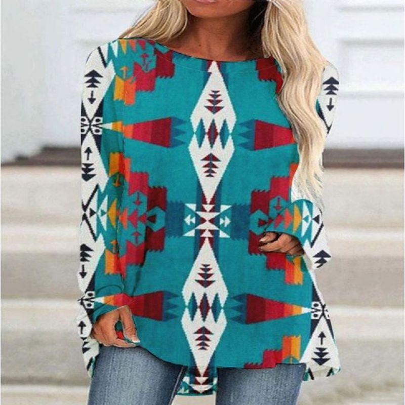 New 3D Ethnic Tribal Style Printed Round Neck Women's T-shirt Long-sleeved Bottoming Shirt Casual Loose Top Breathable Pullover