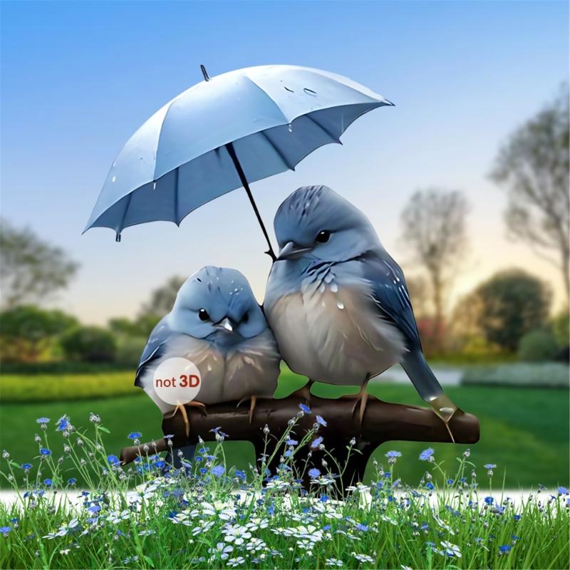 Lovely Bird with Umbrella Acrylic Garden Stake Weatherproof Outdoor Decors Waterproof Sign
