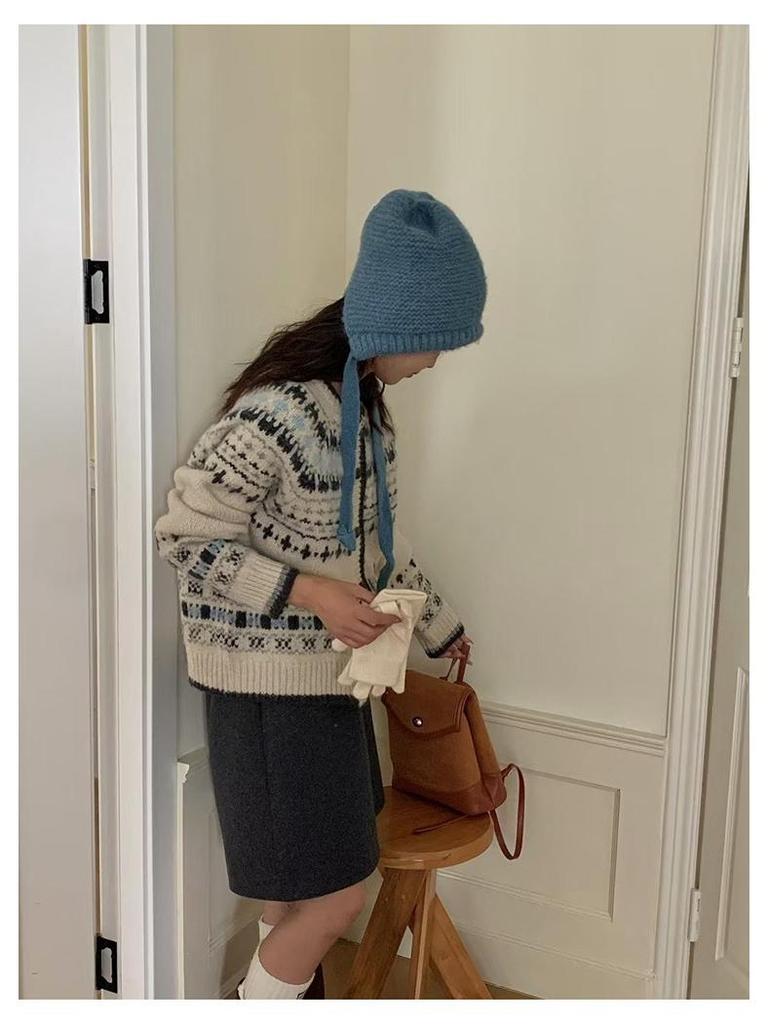 Dámský retro svetr kabát Fair Isle - Podzim/Zima Měkký žakárový úplet Volný kardigan