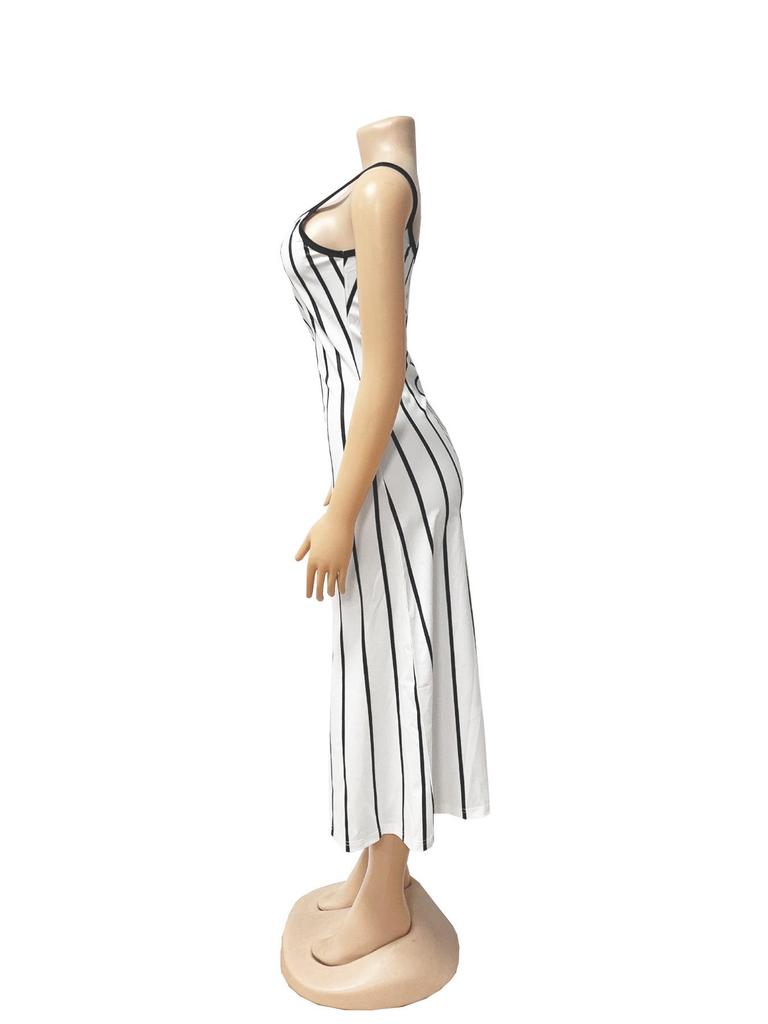 Retro Stripe Patchwork Backless Slip Dress - Color Block Sleeveless Long Slim Fit