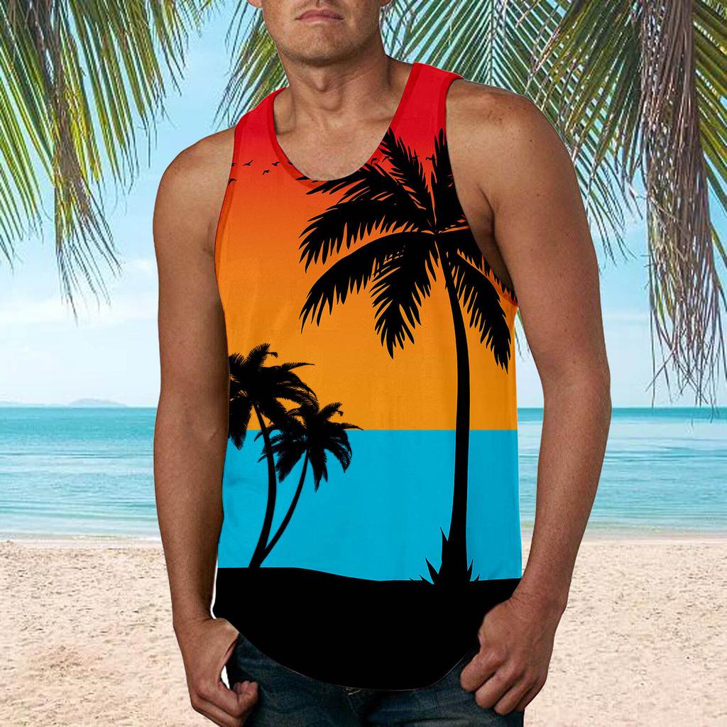 Mens Fashion Hawaiian Beach Sports Tank Top Men Gym Print Vest