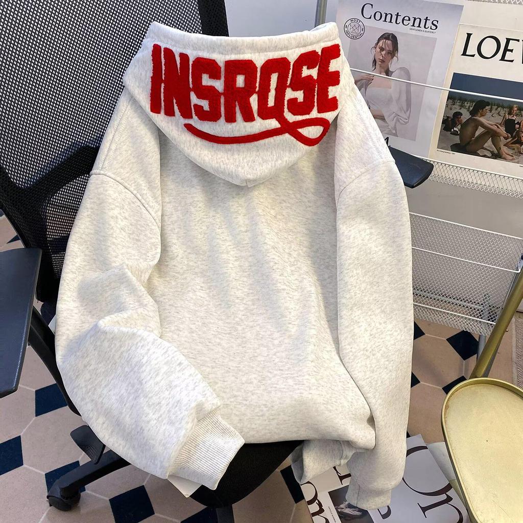 Heavyweight Men's Embroidered Letter Hooded Sweatshirt - Plush Velvet, Loose Fit, Casual Autumn/Winter Outerwear
